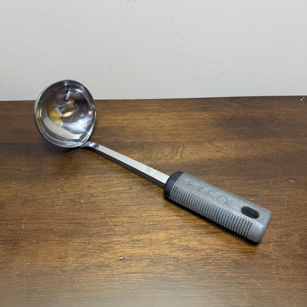 EKCO Stainless Steel w/ Gray Black Rubber Grip Serving Ladle 11" Utensil - Picture 2 of 5